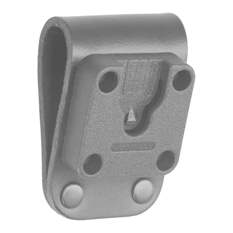 Gray metal belt holder with four screw holes and two rivets at the bottom
