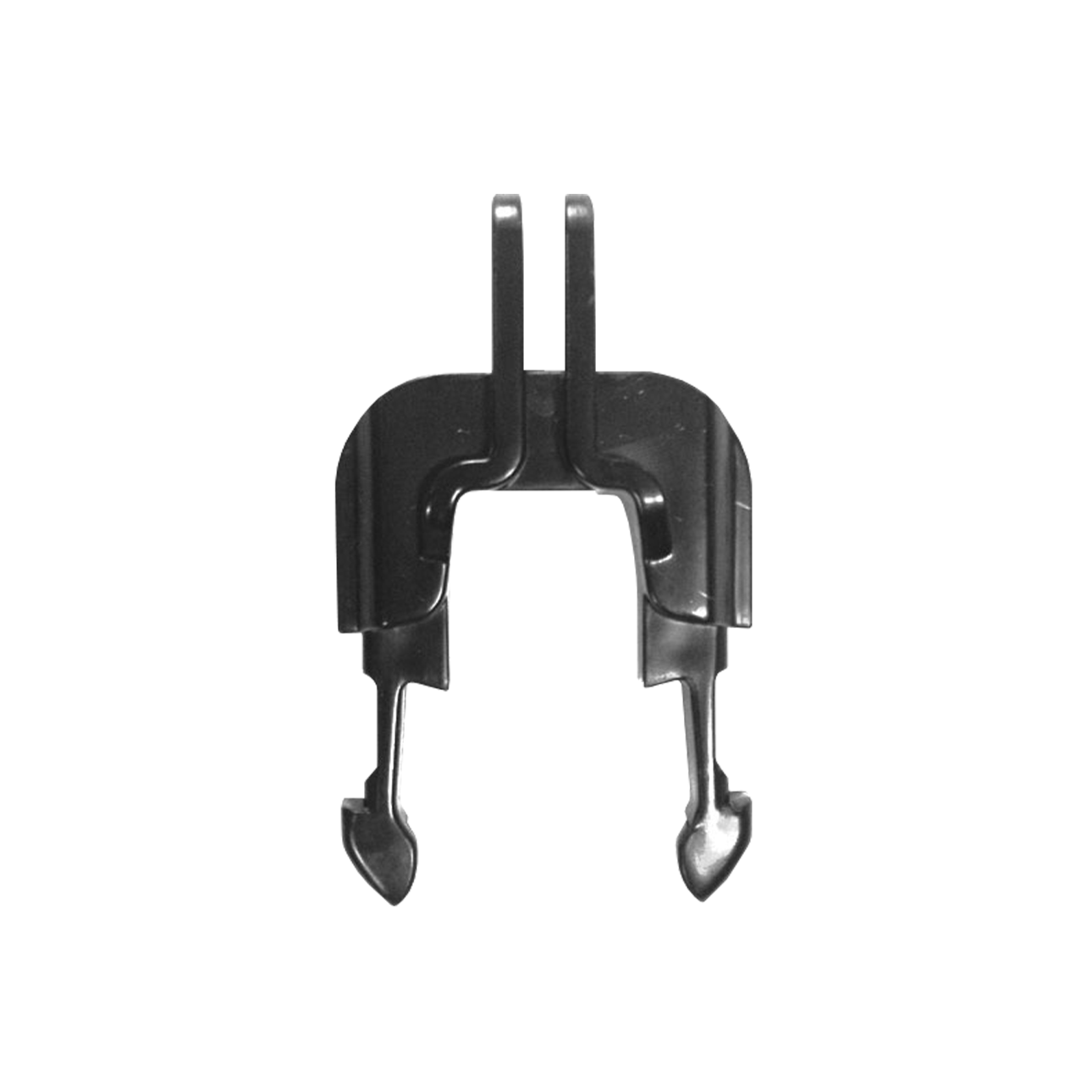 Griffe en plastique noire à deux bras courbés et bouts crochus.