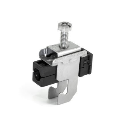 Metal clamp with screw and plastic mount, side view.