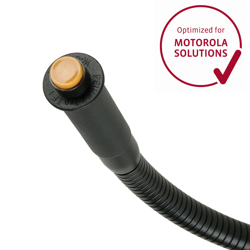 Flexible microphone with black spiral cable sheath, certified for Motorola solutions.