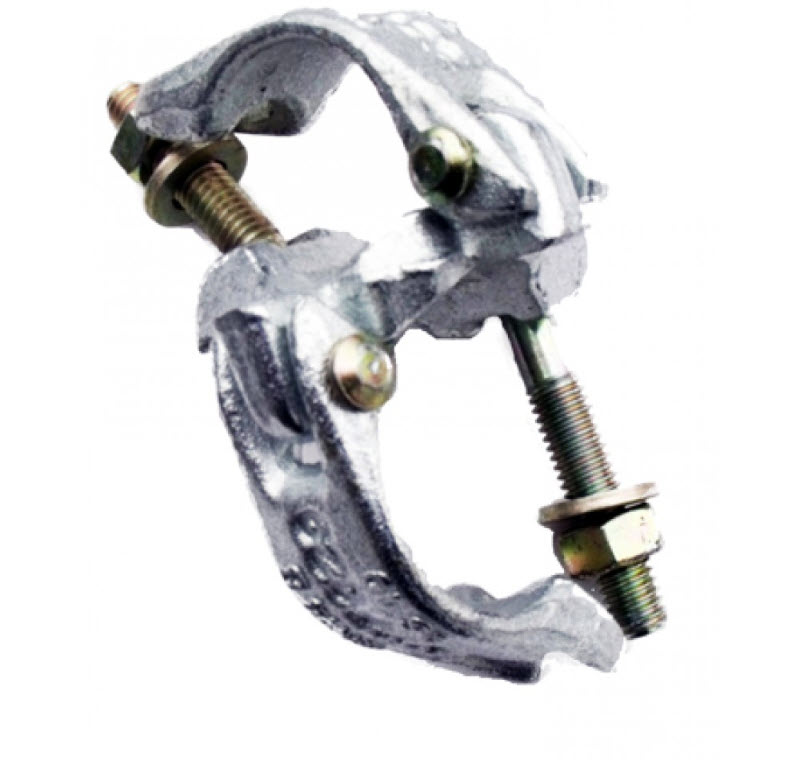 Metal pipe clamp with bolts and nuts, silver-grey.