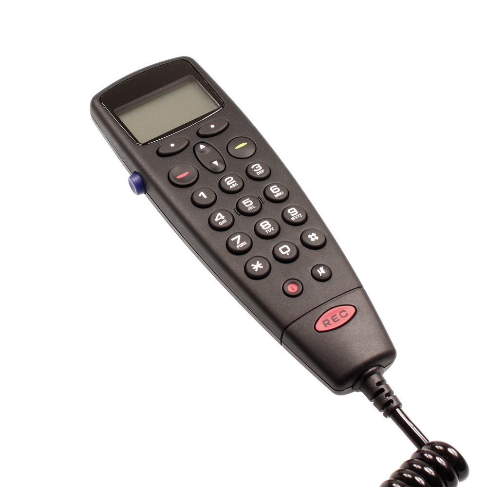 Black phone-shaped remote control with buttons and display.