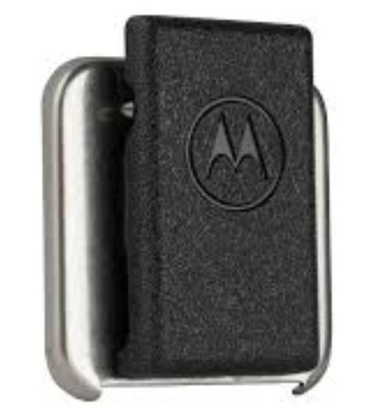 Zwarte riemclip met Motorola-logo op zilveren houder.