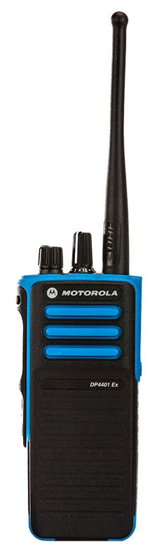 Blauw-zwarte portofoon met antenne en bediening, model DP4401 Ex.