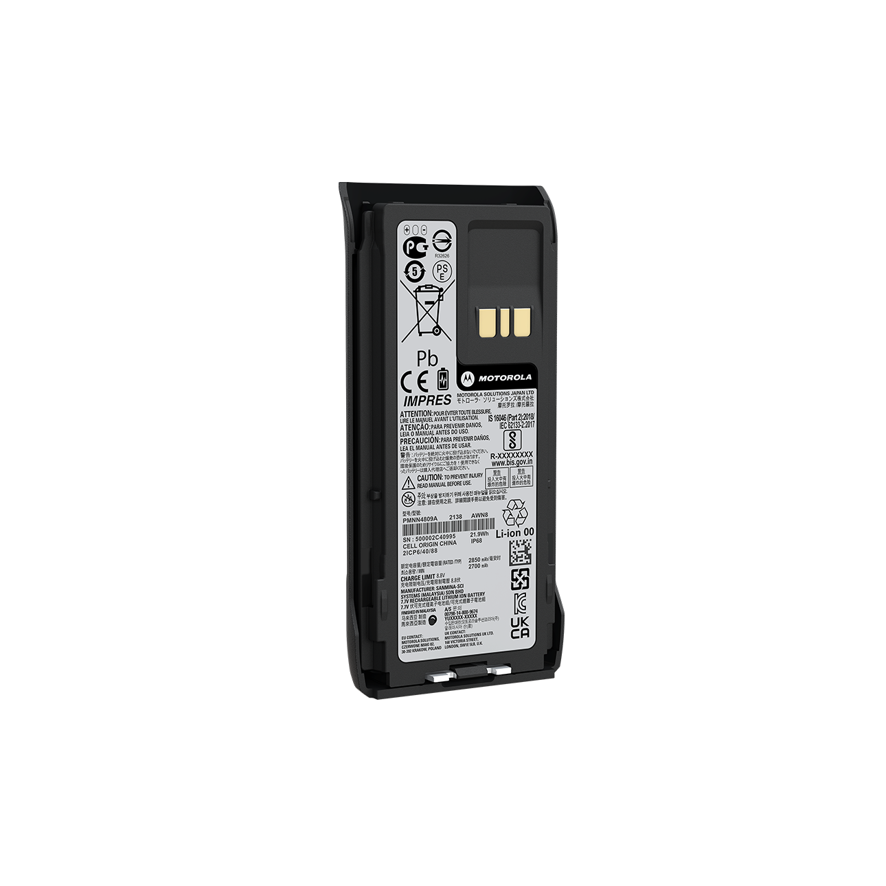 Rechthoekige zwarte batterij met gouden contacten en diverse veiligheidssymbolen.