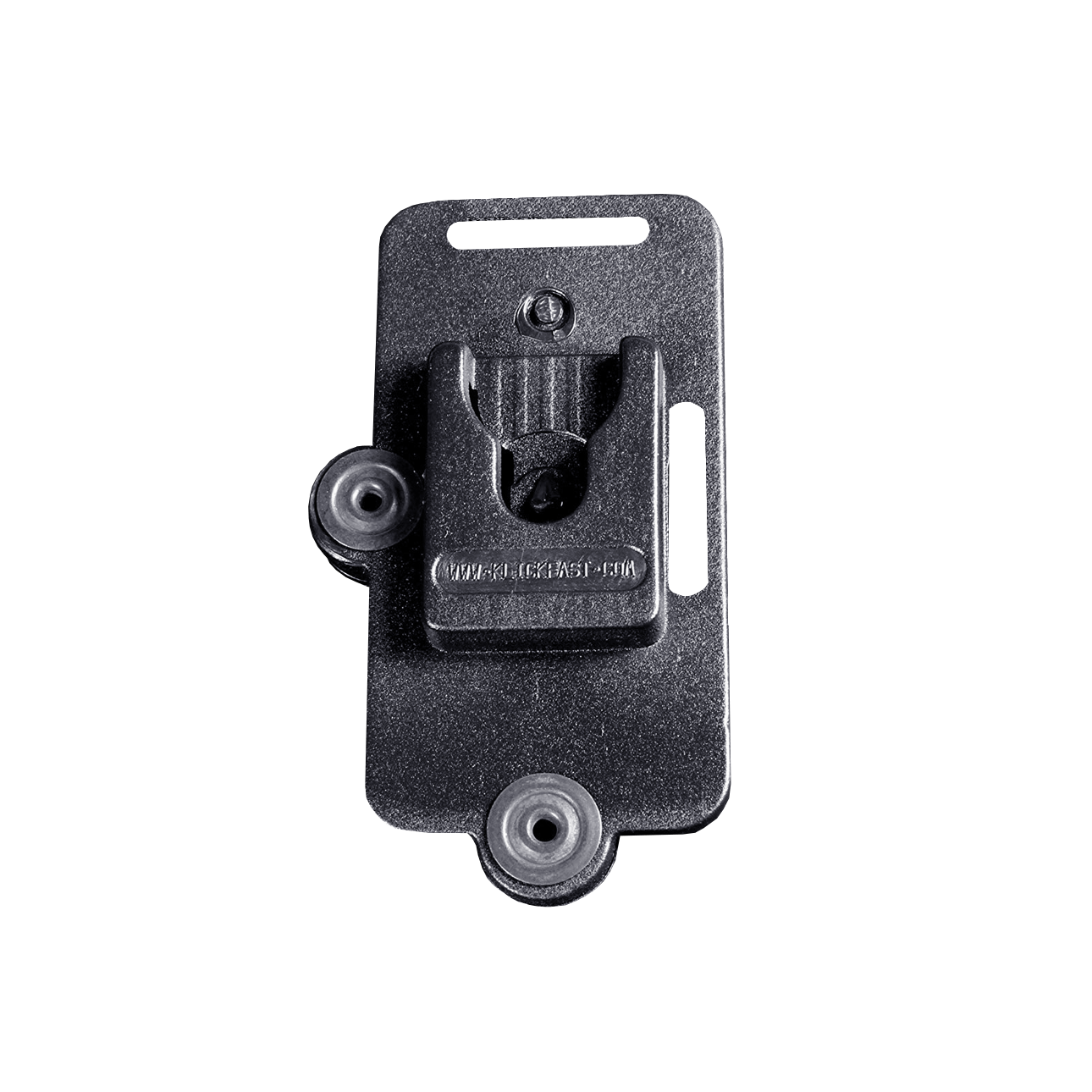 Pièce métallique noire avec vis et découpe pour montage mural.