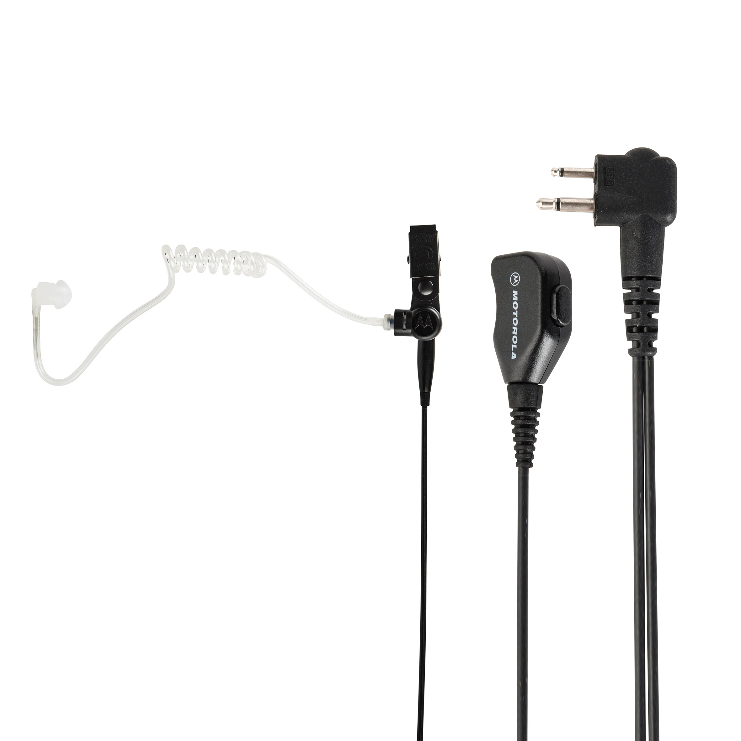 Black communication headset with clear acoustic tube and plug.