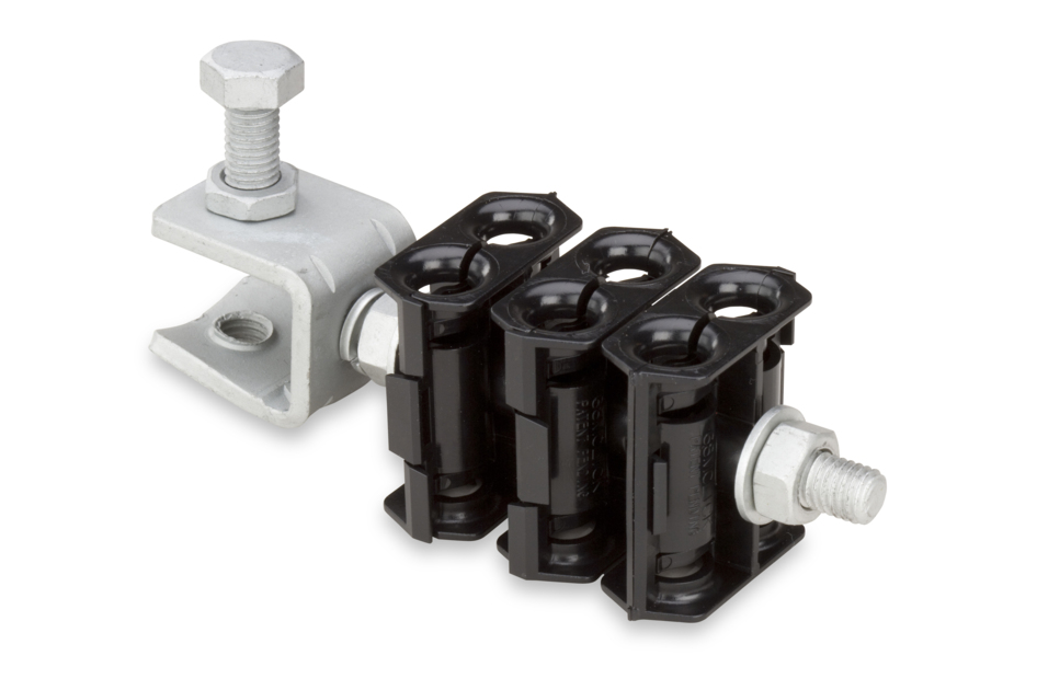 Black cable holder with silver bracket and screws.