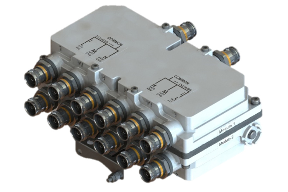 Multiconnector met meerdere poorten en modulelabels.