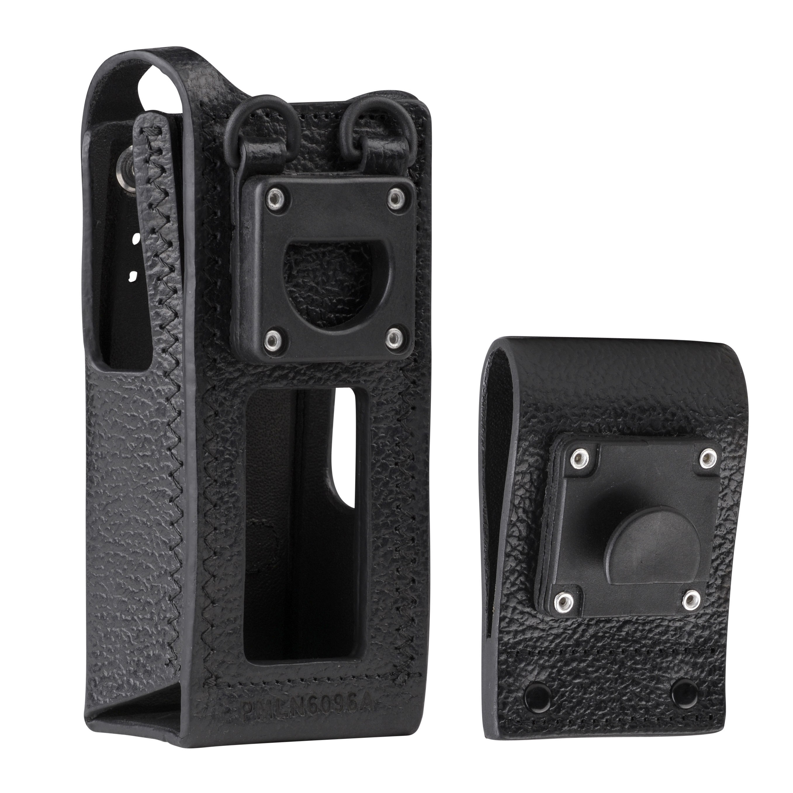 Étui en cuir noir avec clip de fixation, ouvert pour appareil.