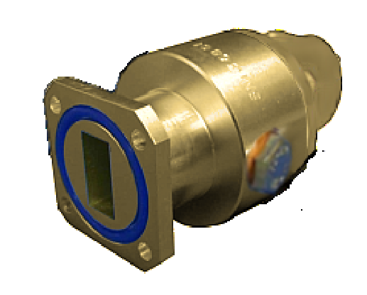 Objet métallique cylindrique avec façade rectangulaire et contour bleu.