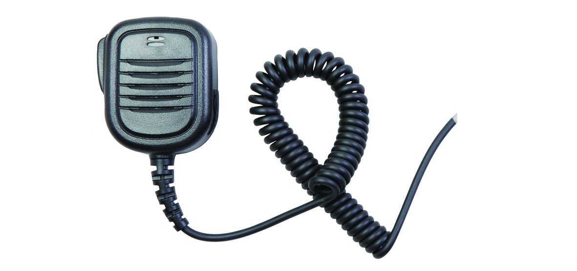 Black handheld microphone with coiled cable.