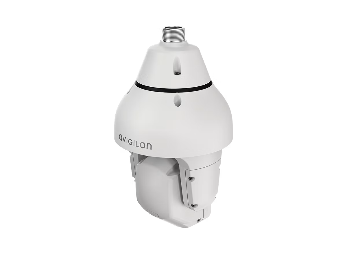 White security camera with dome design and swivel joint.