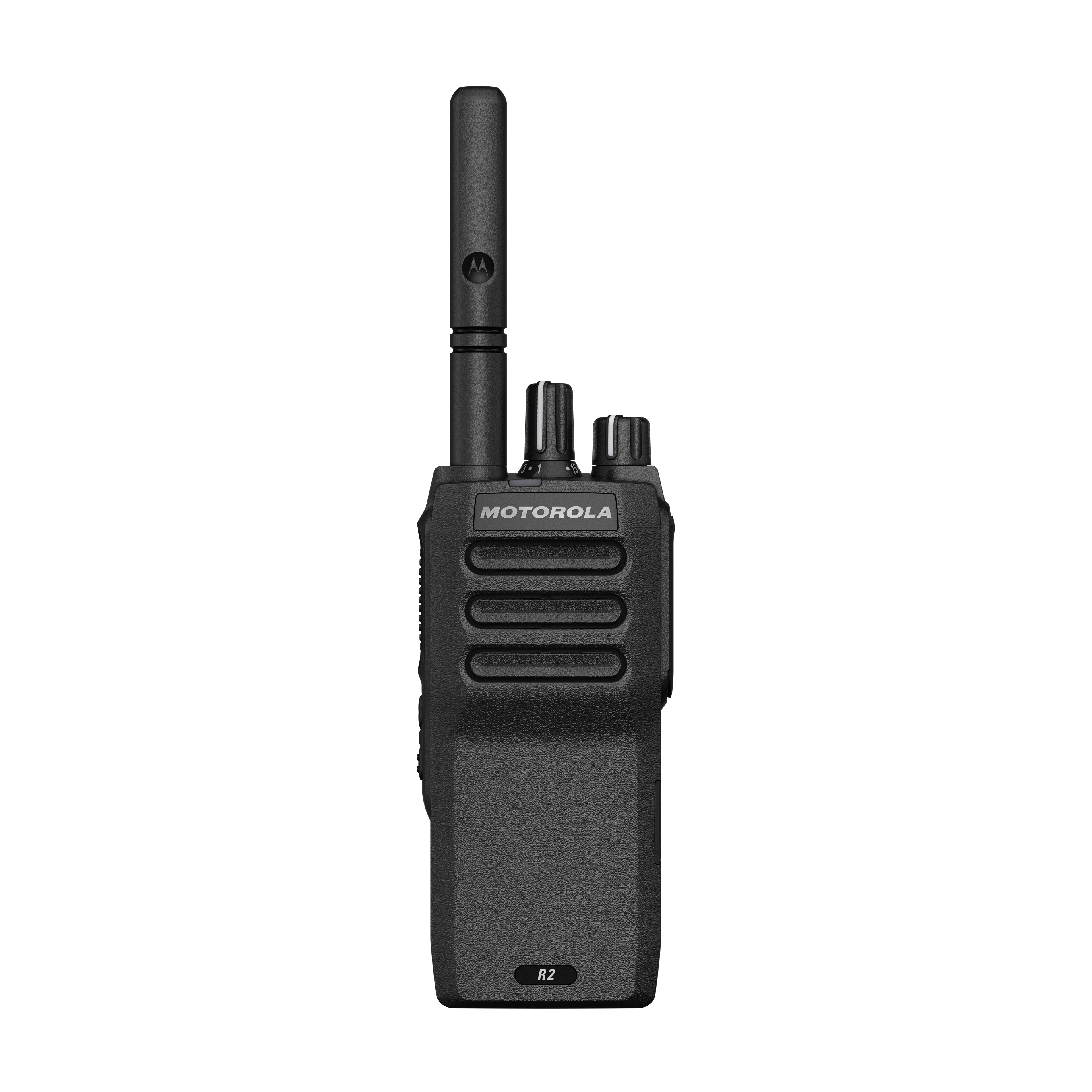 Zwarte portofoon met antenne en volumeknop.
