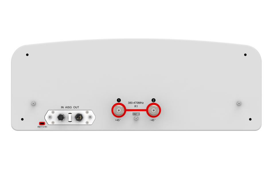 Achterkant van een apparaat met poorten voor AISG en antennes.