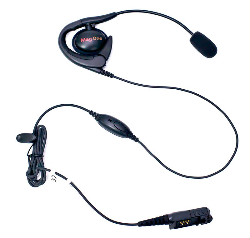 Black ear-hook headset with microphone and cable.
