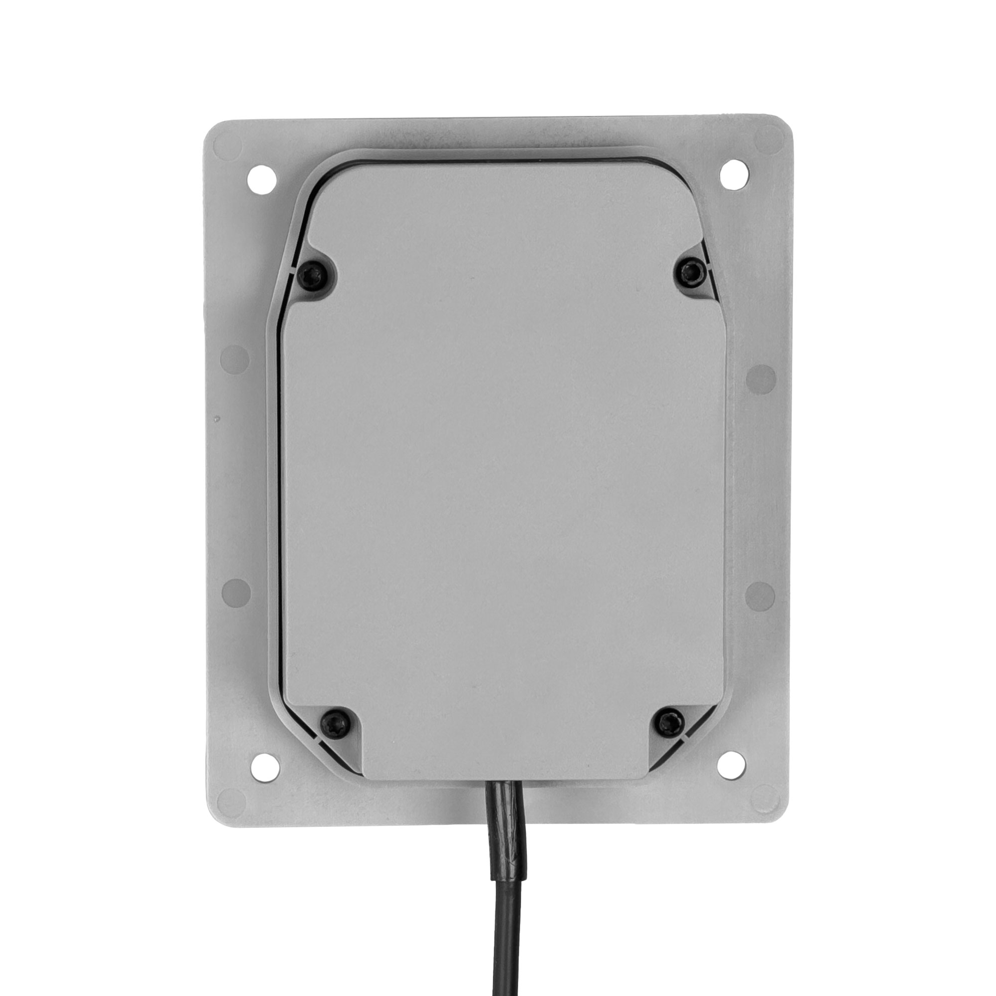 Rechthoekige grijze doos met schroeven en kabel, gemonteerd op metalen frame.