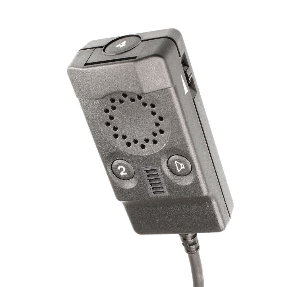Grijs elektronisch apparaat met knoppen, kabel en luidsprekerrooster.