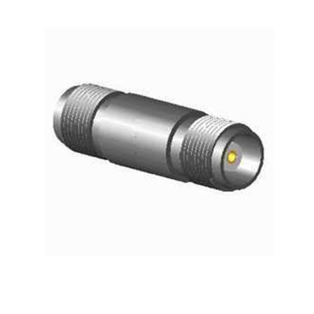 Cilindrische metalen connector met schroefdraad en gele stip.
