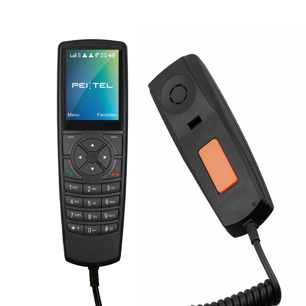 Deux combinés noirs avec boutons, écran et cordon spiralé.