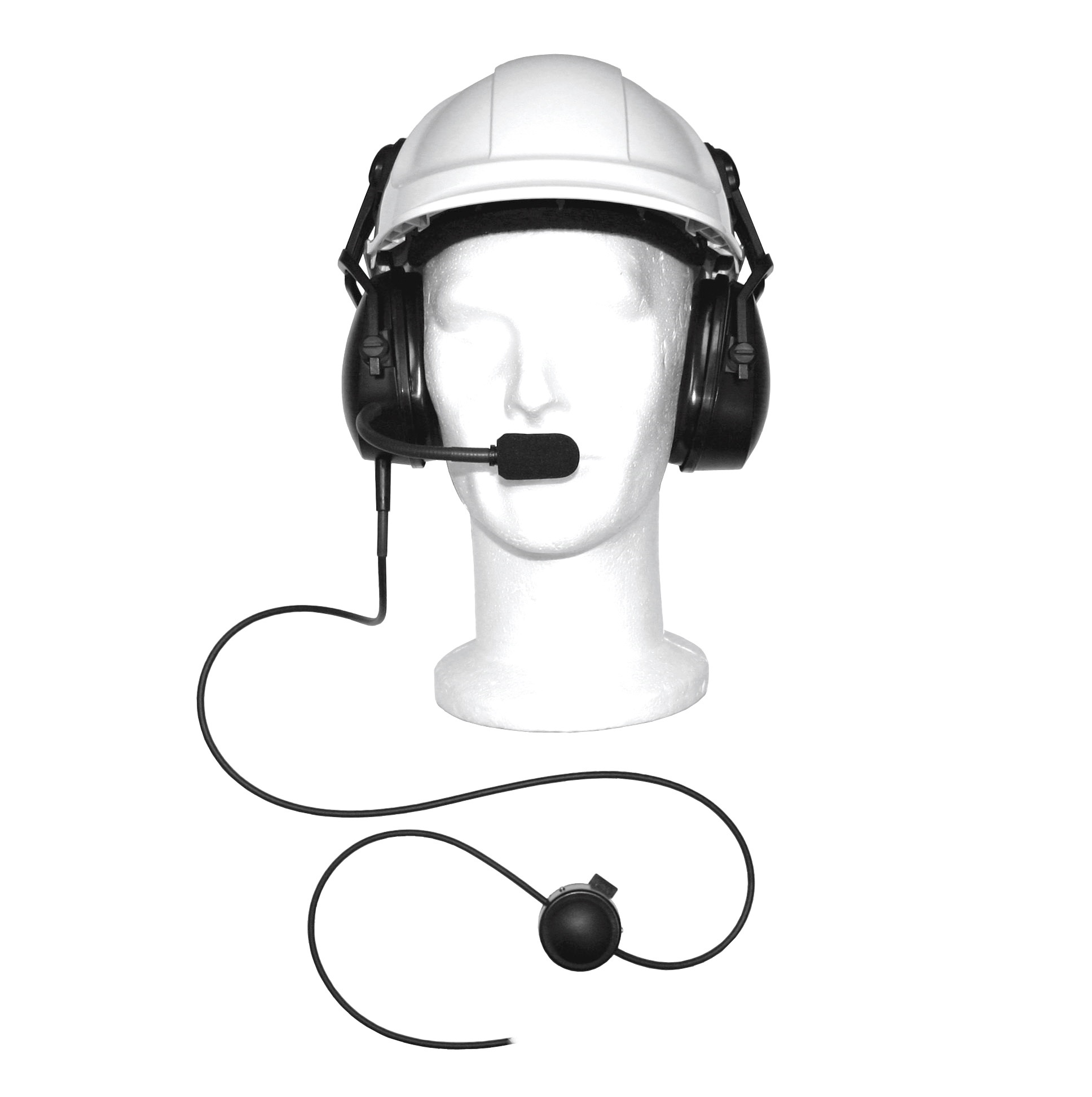 Hard hat with integrated headset on white dummy head.
