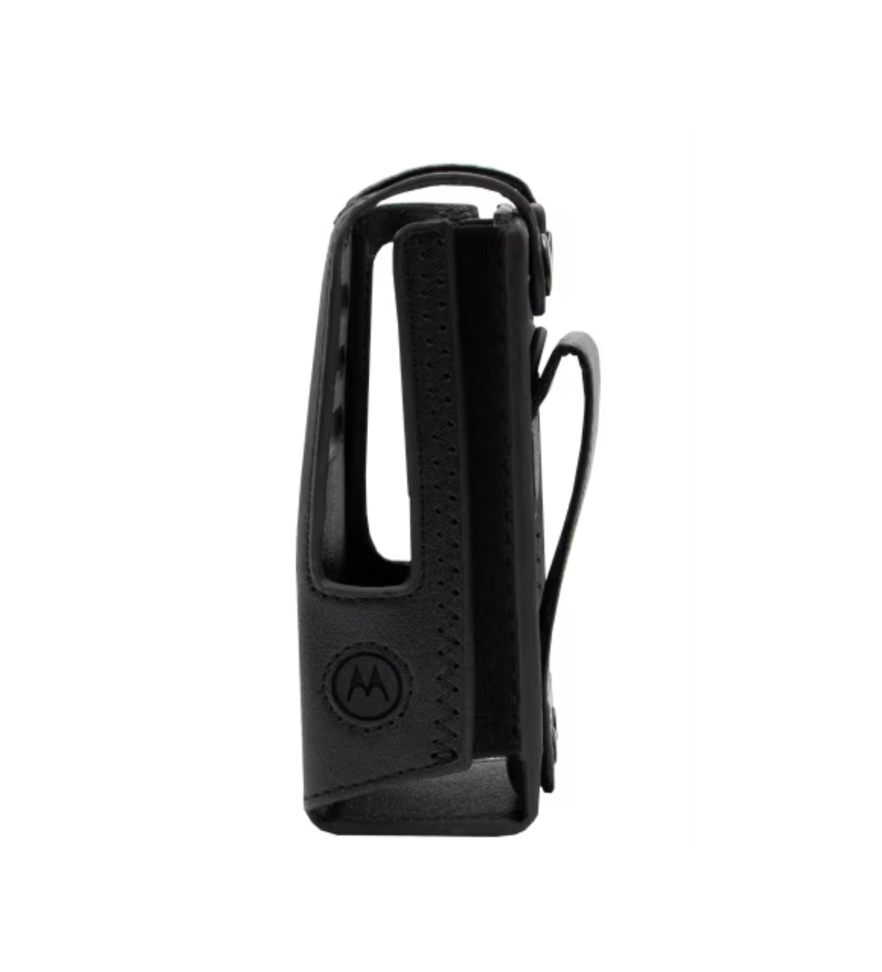 Black leather holster for portable radio, side view.