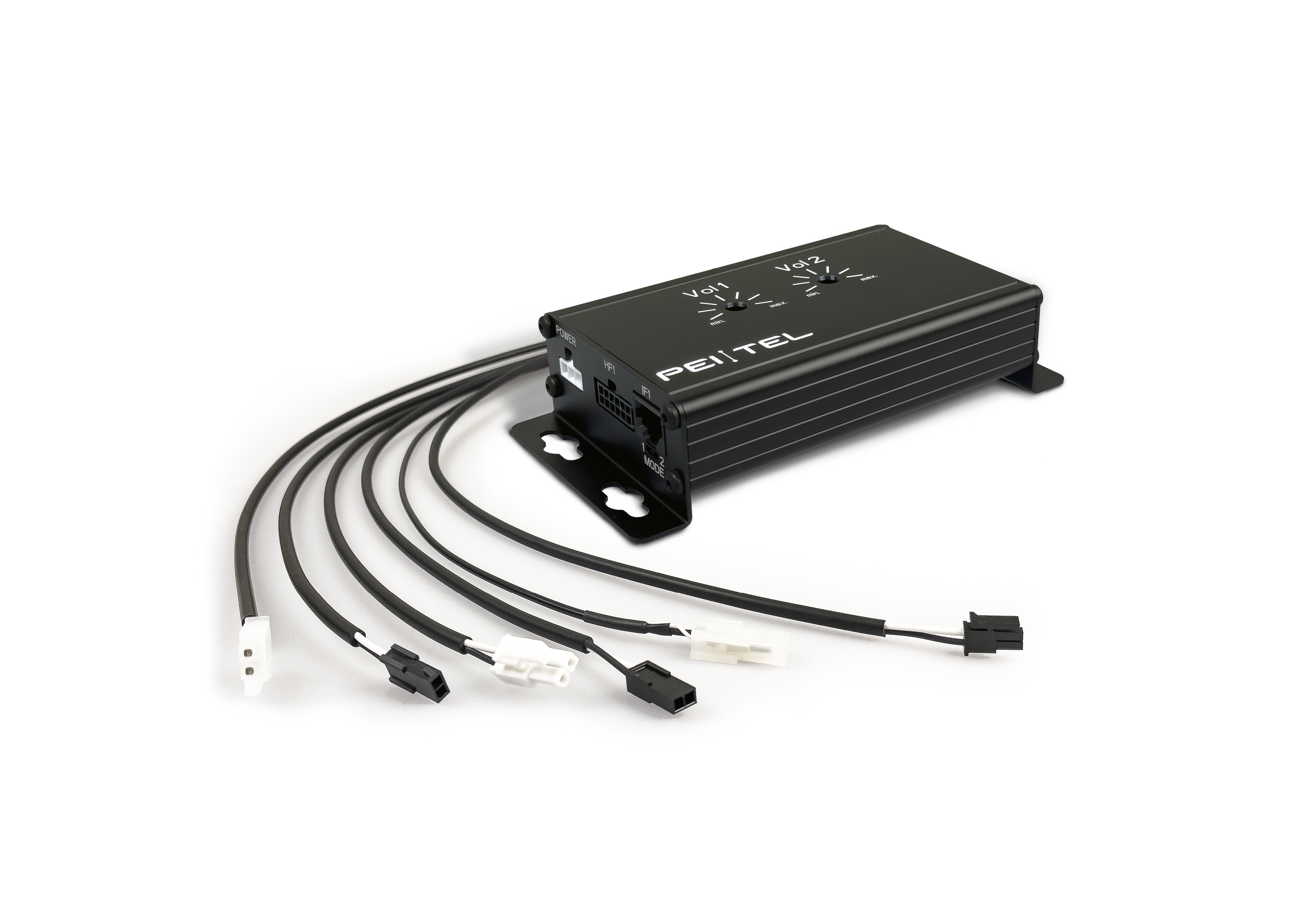 Zwart elektronisch apparaat met kabels en aansluitingen.