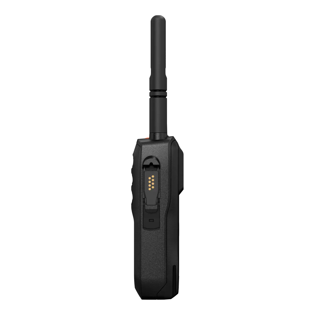 Black radio with antenna, side view.