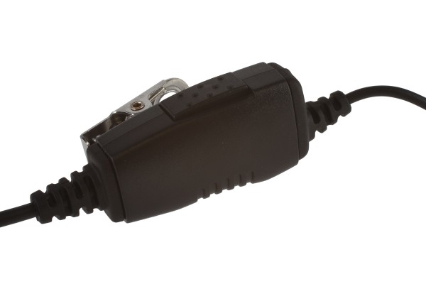 Zwarte adapterstekker met kabel en klem.
