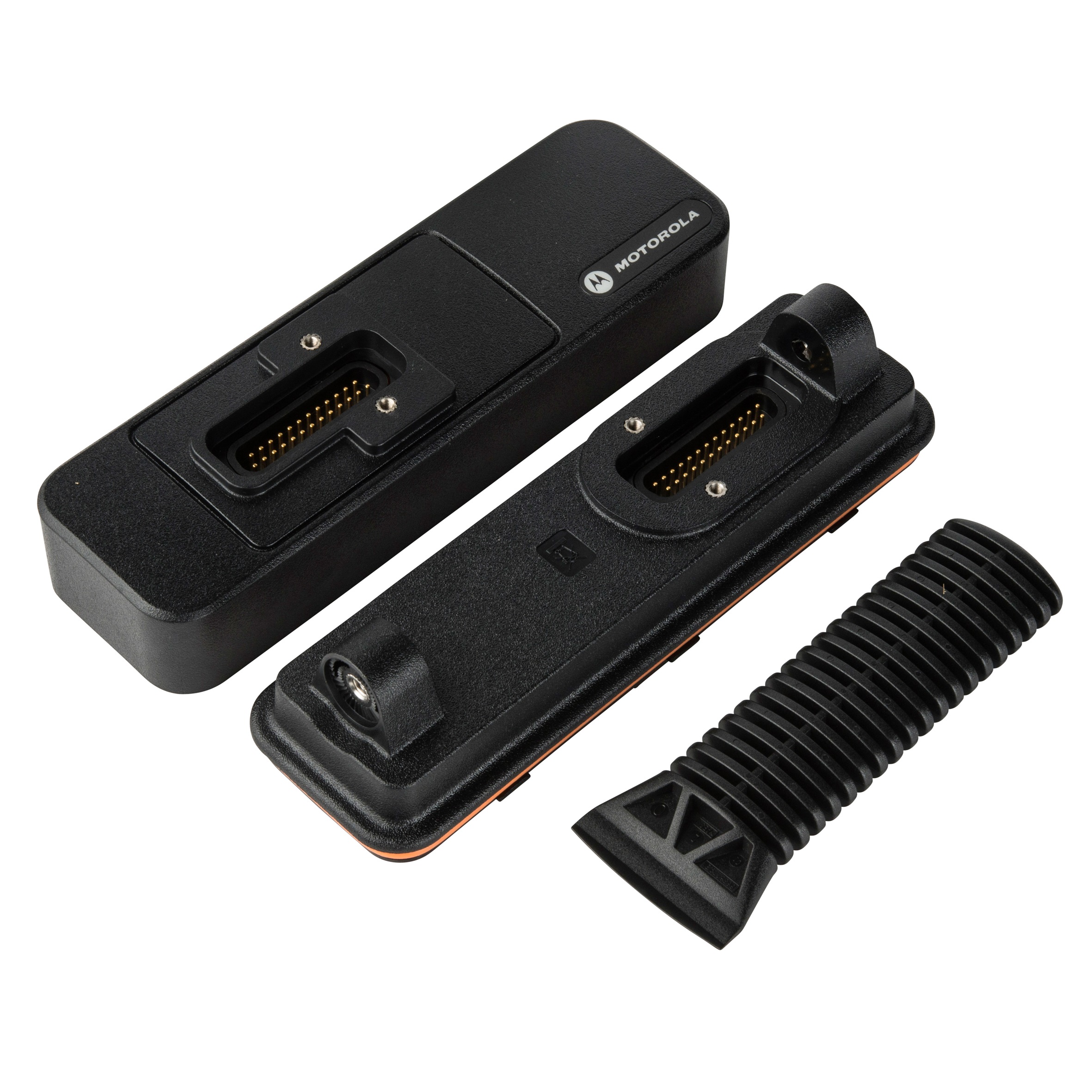 Accessoire électronique noir avec connecteurs et couvercle en plastique.