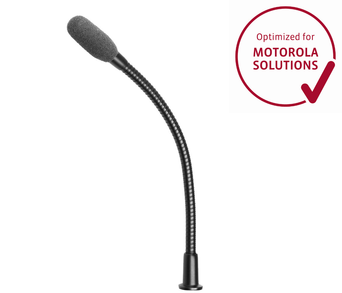 Flexibele zwarte zwanenhalsmicrofoon met label 'Optimized for Motorola Solutions'.