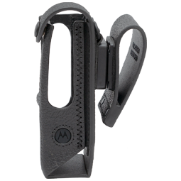 Zwarte leren draagtas met riemclip en logo.