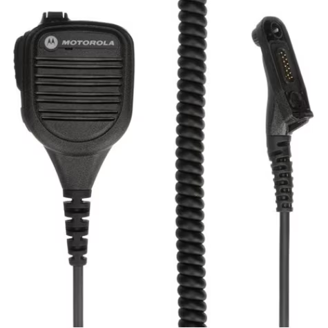 Microphone portatif avec câble en spirale et connecteur pour radios.