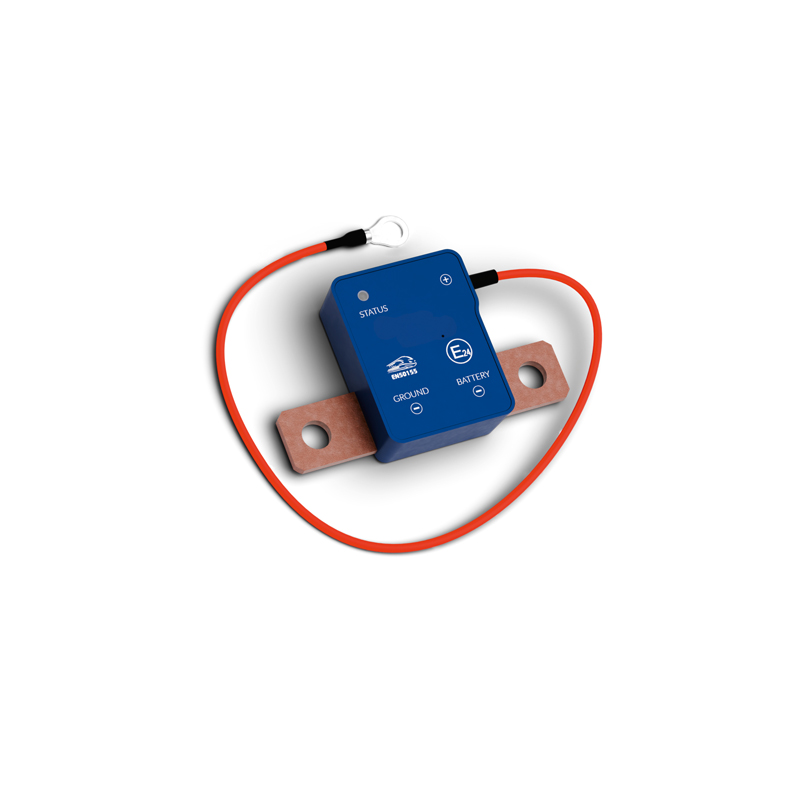 Blue electrical device with red cable, labeled: Status, Ground, Battery.