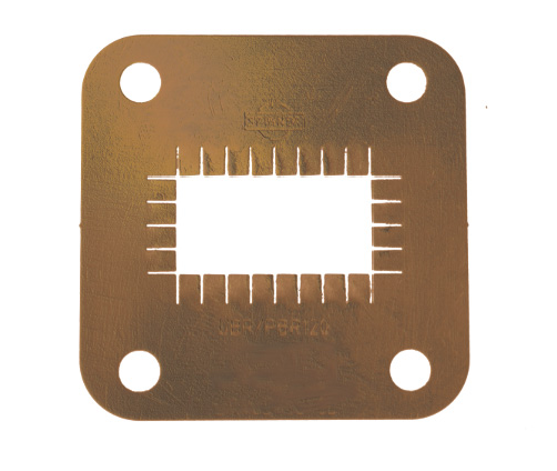 Square metal plate with opening and 22 slots, holes at corners.