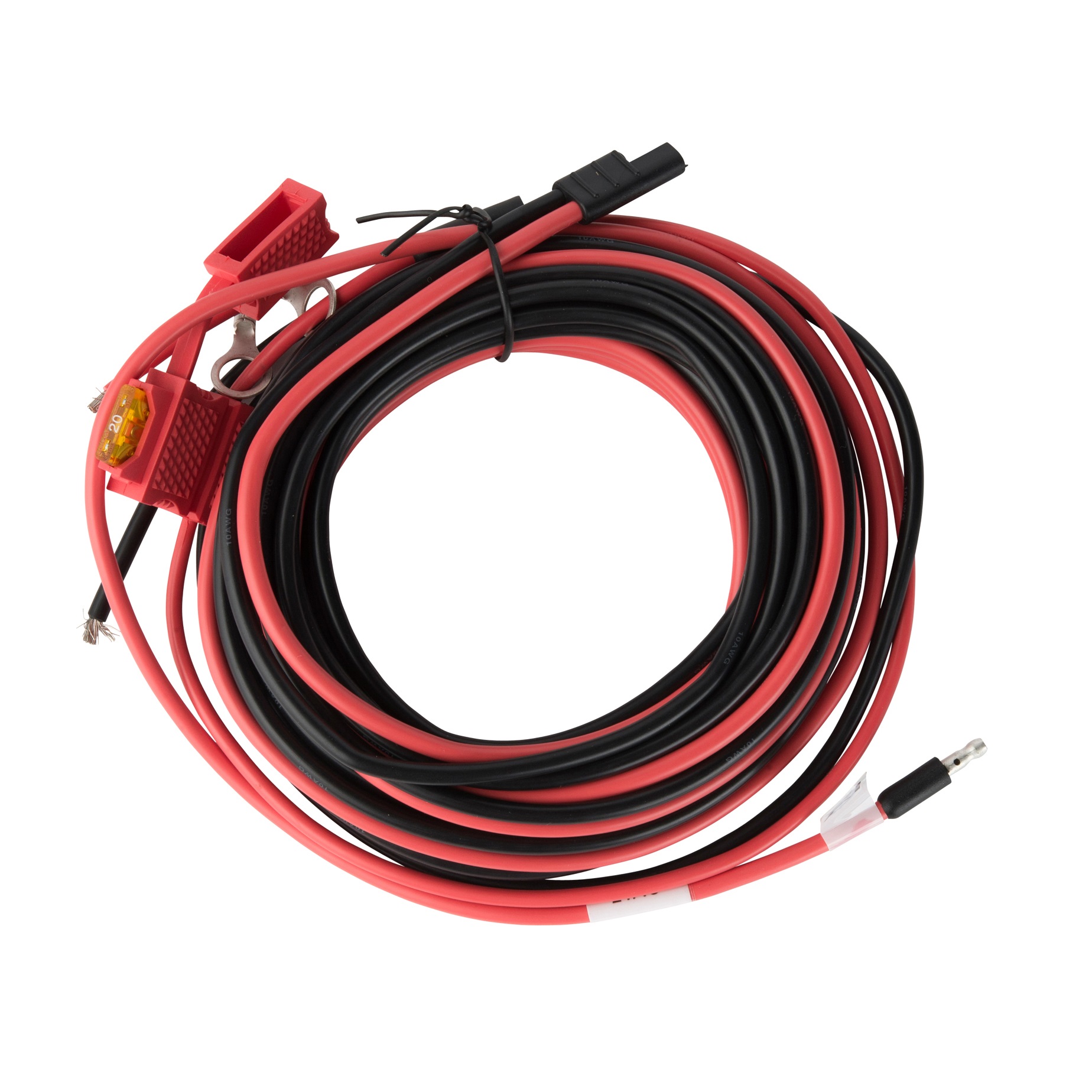 Red and black cables with two crocodile clips and a fuse.