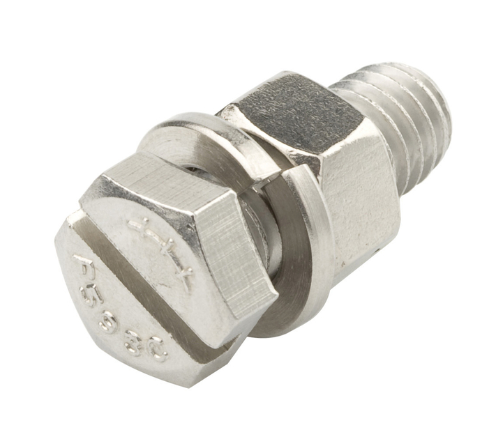 Metal screw with a slotted head and washer, viewed from the side.
