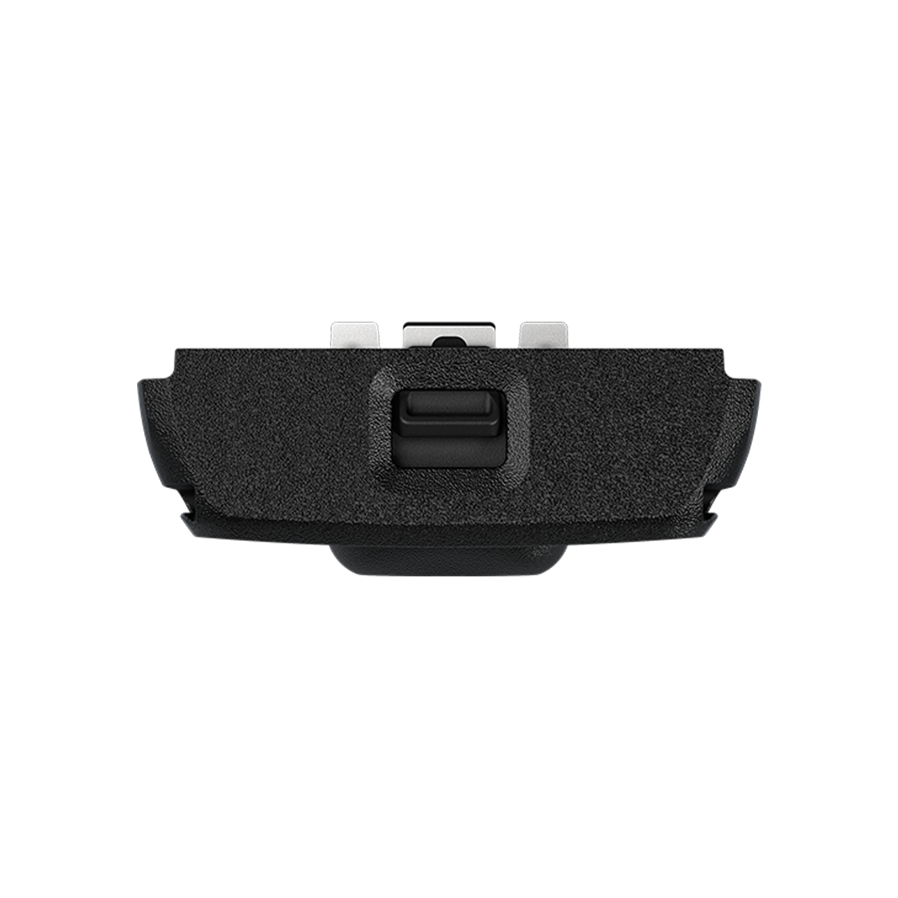 Front view of black bicycle helmet with buckle.