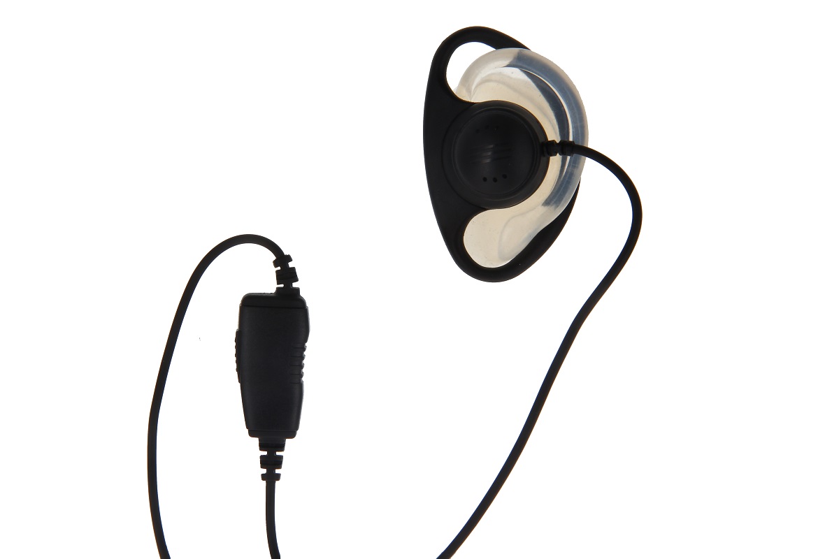Earphone with cable and plug, partially transparent.