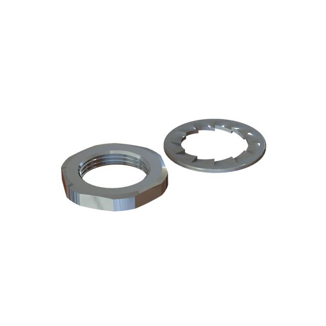 Two silver nuts, one hexagonal, one round with notches.
