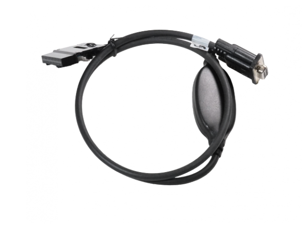 Câble noir avec connecteurs rectangulaire et rond aux extrémités.