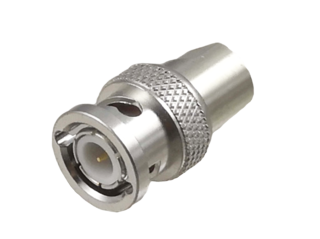 Silver coaxial BNC connector with knurled grip.