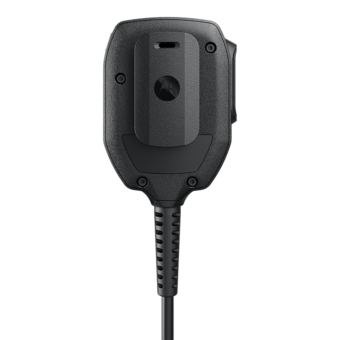 Black Motorola handheld microphone with cable.
