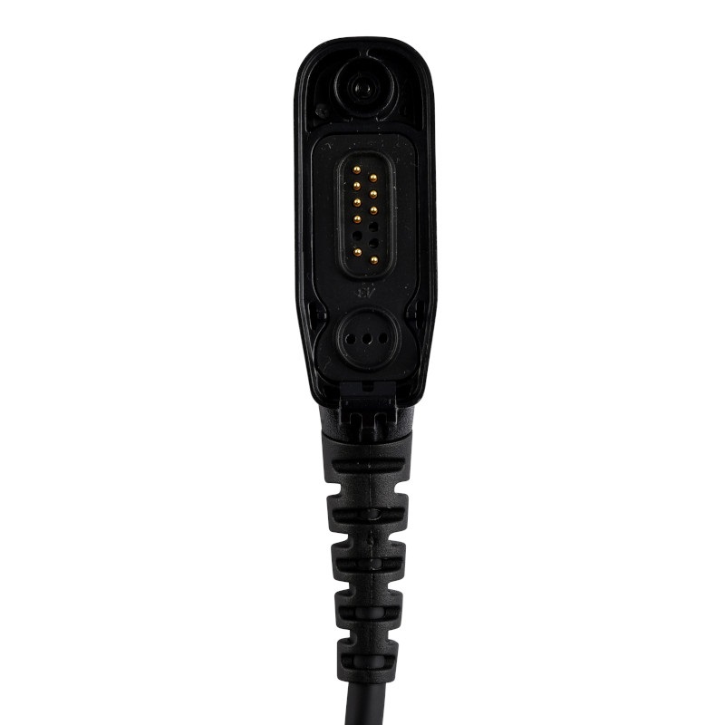 Zwarte elektrische stekker met contacten en kabel.