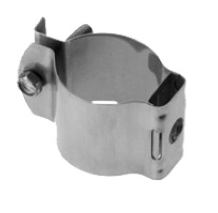 Metal pipe clamp with screw attachment, cylindrical shape.