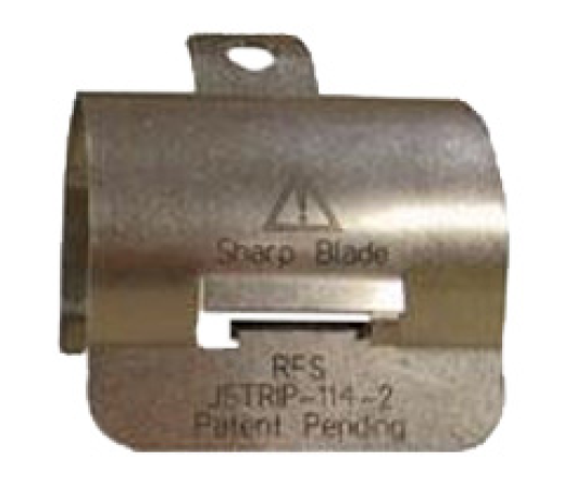 Metal device with protrusion and sharp blade warning.
