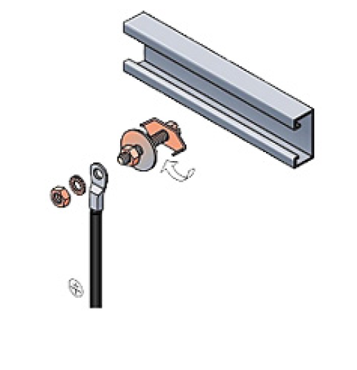 Explosie-tekening van kabelverbinding met metalen beugel en schroef.