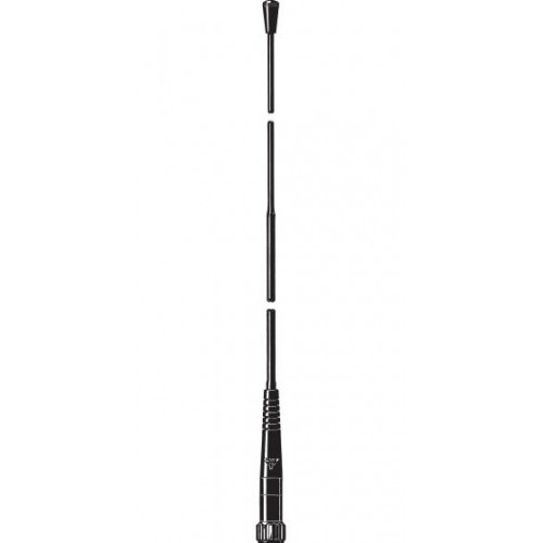 Uit elkaar gehaalde zwarte meerdelige telescopische antenne op witte achtergrond.