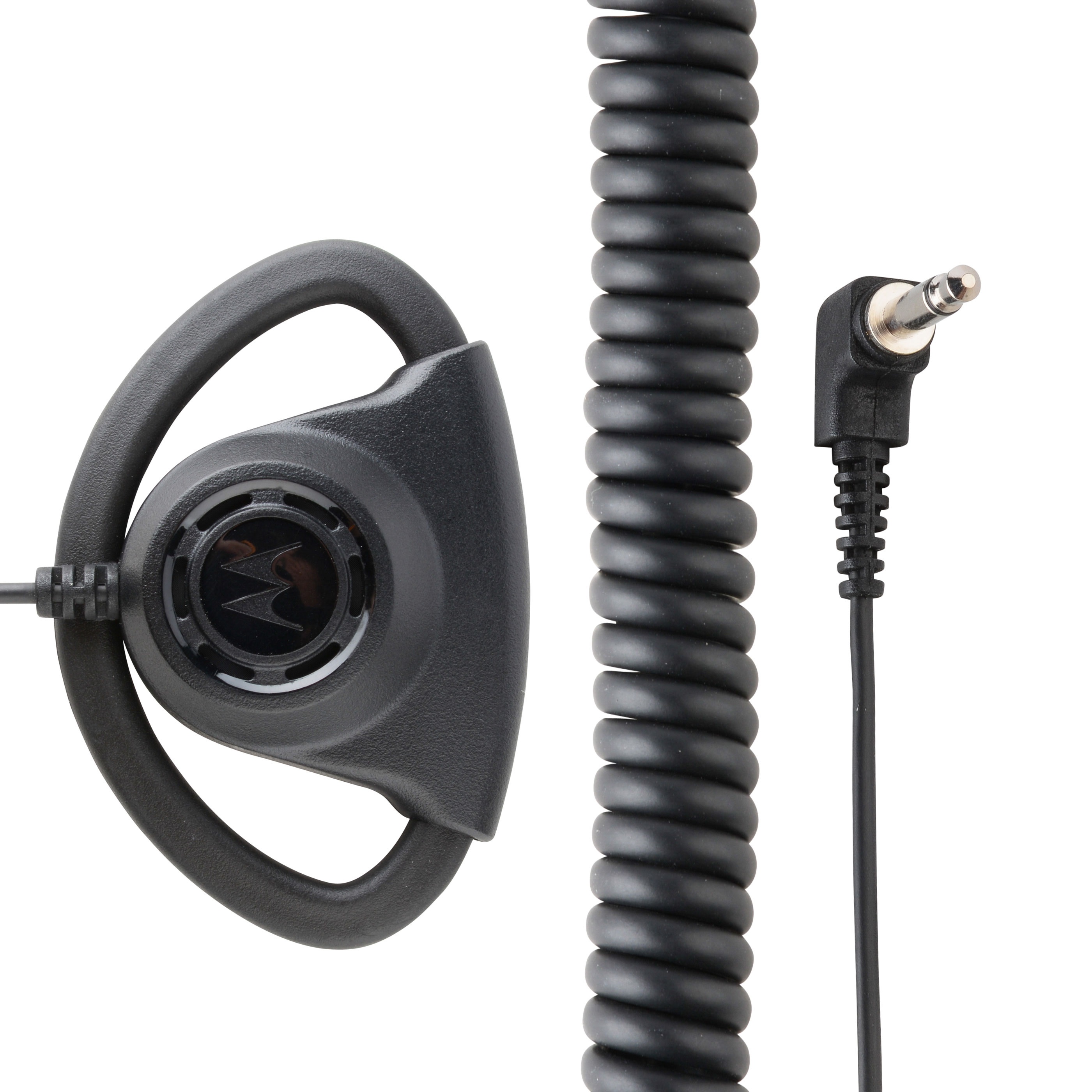 Zwarte oortelefoon met spiraalkabel en jackplug.