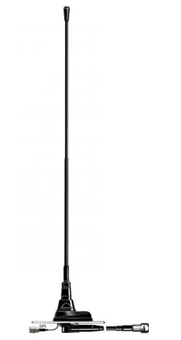 Antenne fouet noire avec câbles GPS et coaxiaux.